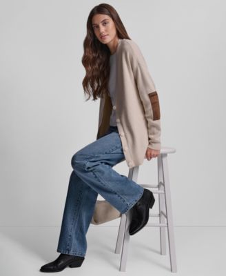 Women's Relaxed V-Neck Shaker Stitch Cardigan With Suede Logo Patch