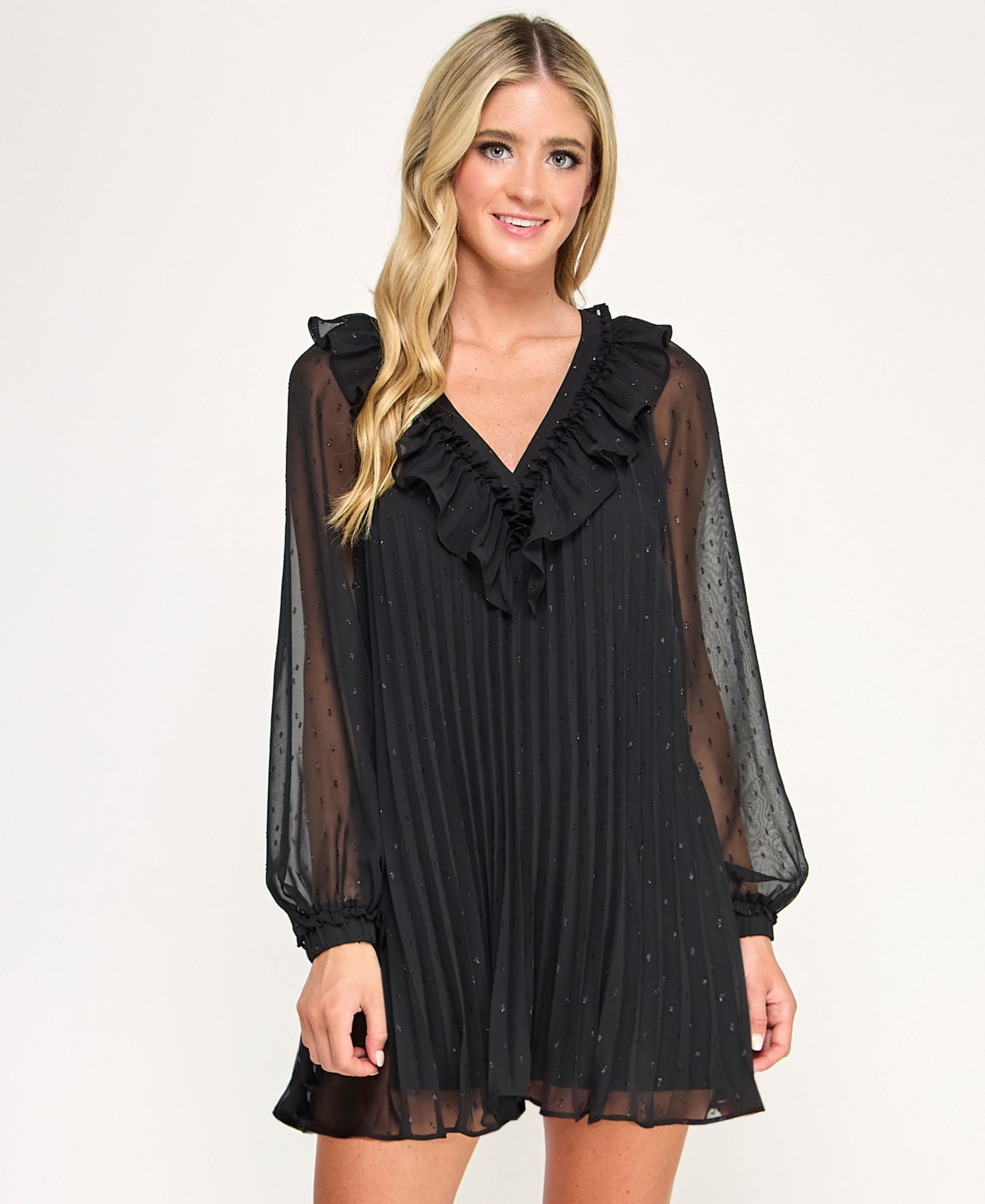 Juniors' Pleated Clip Dot Long Sleeve Dress