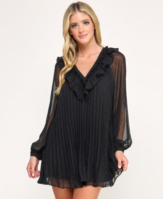 Juniors' Pleated Clip Dot Long Sleeve Dress
