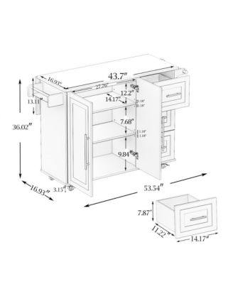 53.5" Solid Wood Rolling Kitchen Island Cart with Drop Leaf, Drawers, Cabinet, Spice and Towel Rack