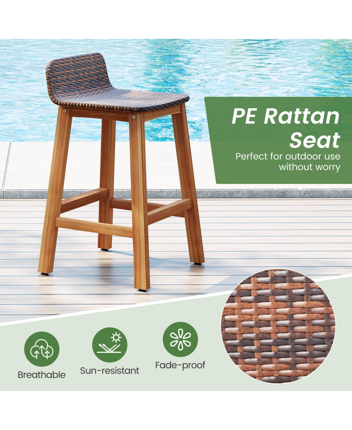 Gymax Solid Acacia Wood Bar Stools Set of Rattan Bar Height Patio Chairs for Porch