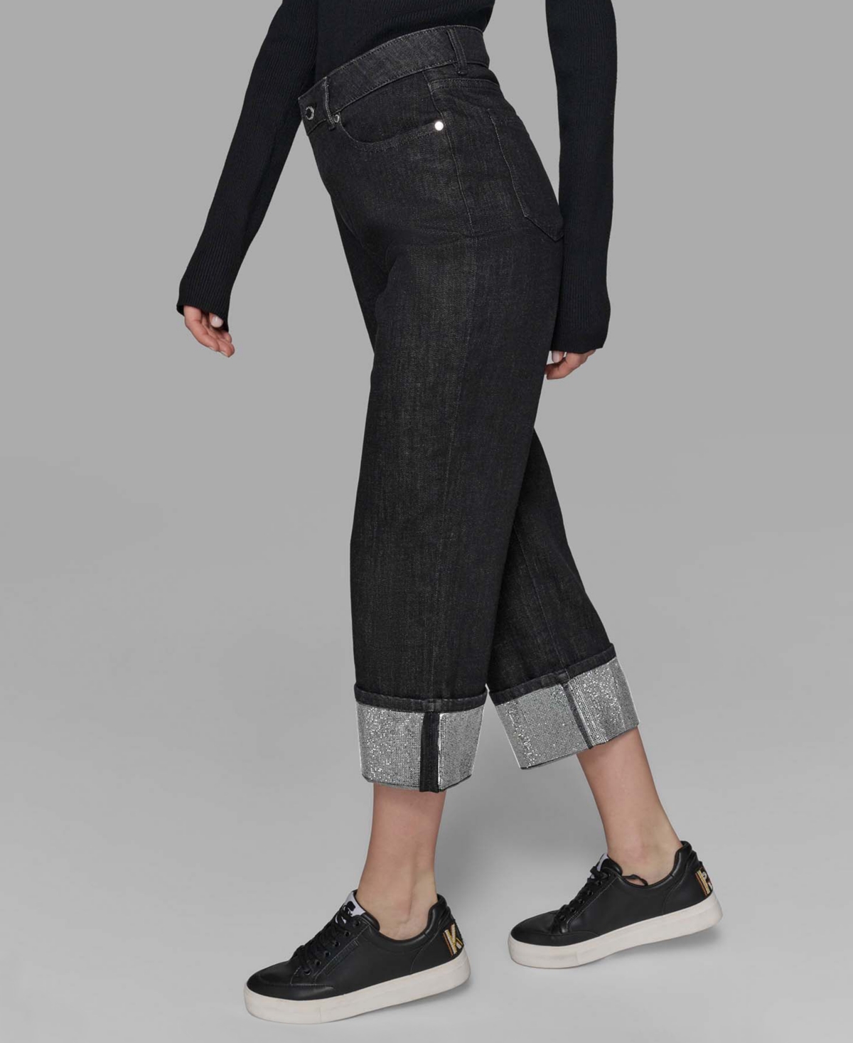 Karl Lagerfeld Petite High-rise Cuffed-embellished Jeans In Black