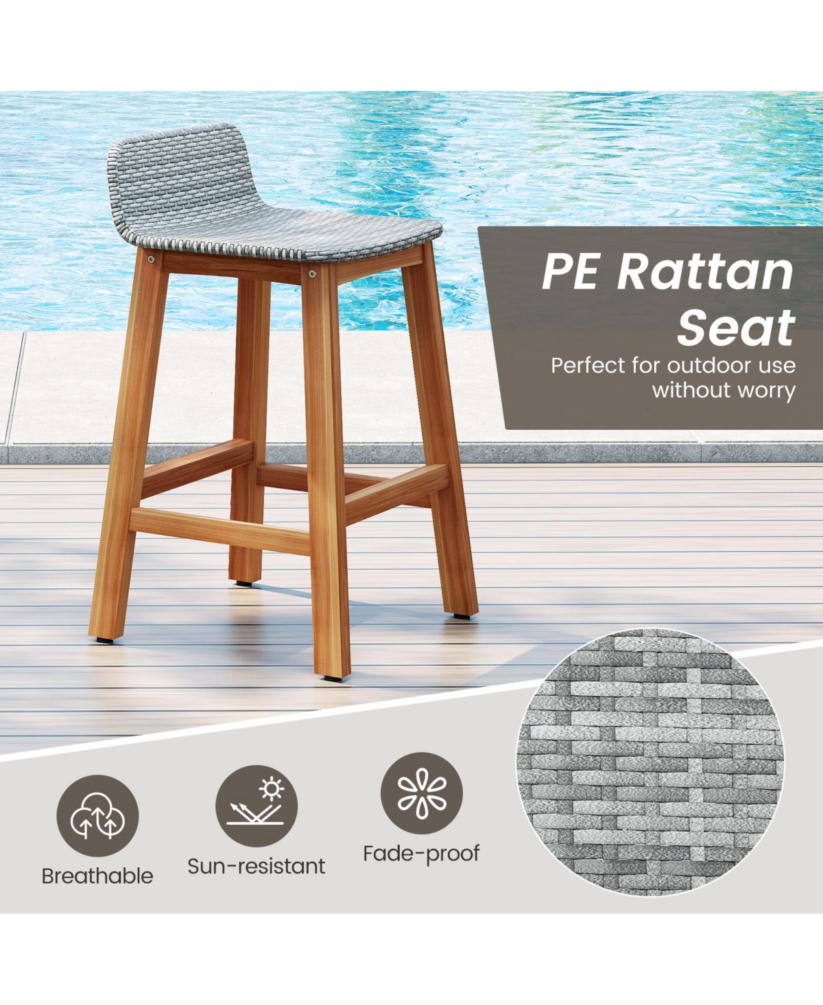 Gymax Solid Acacia Wood Bar Stools Set of 2 Rattan Bar Height Patio Chairs for Porch