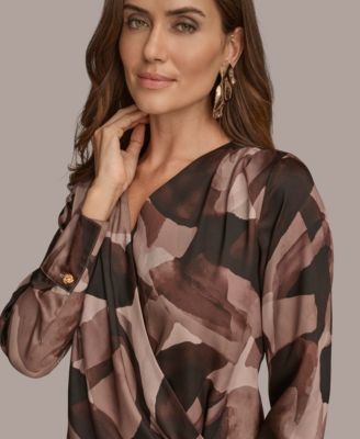 Petite Printed Satin Long Sleeve Wrap Top