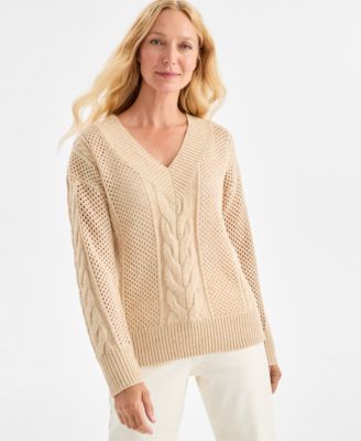 Style & Co - Women's Sequin V-Neck Cable-Knit Pullover Sweater