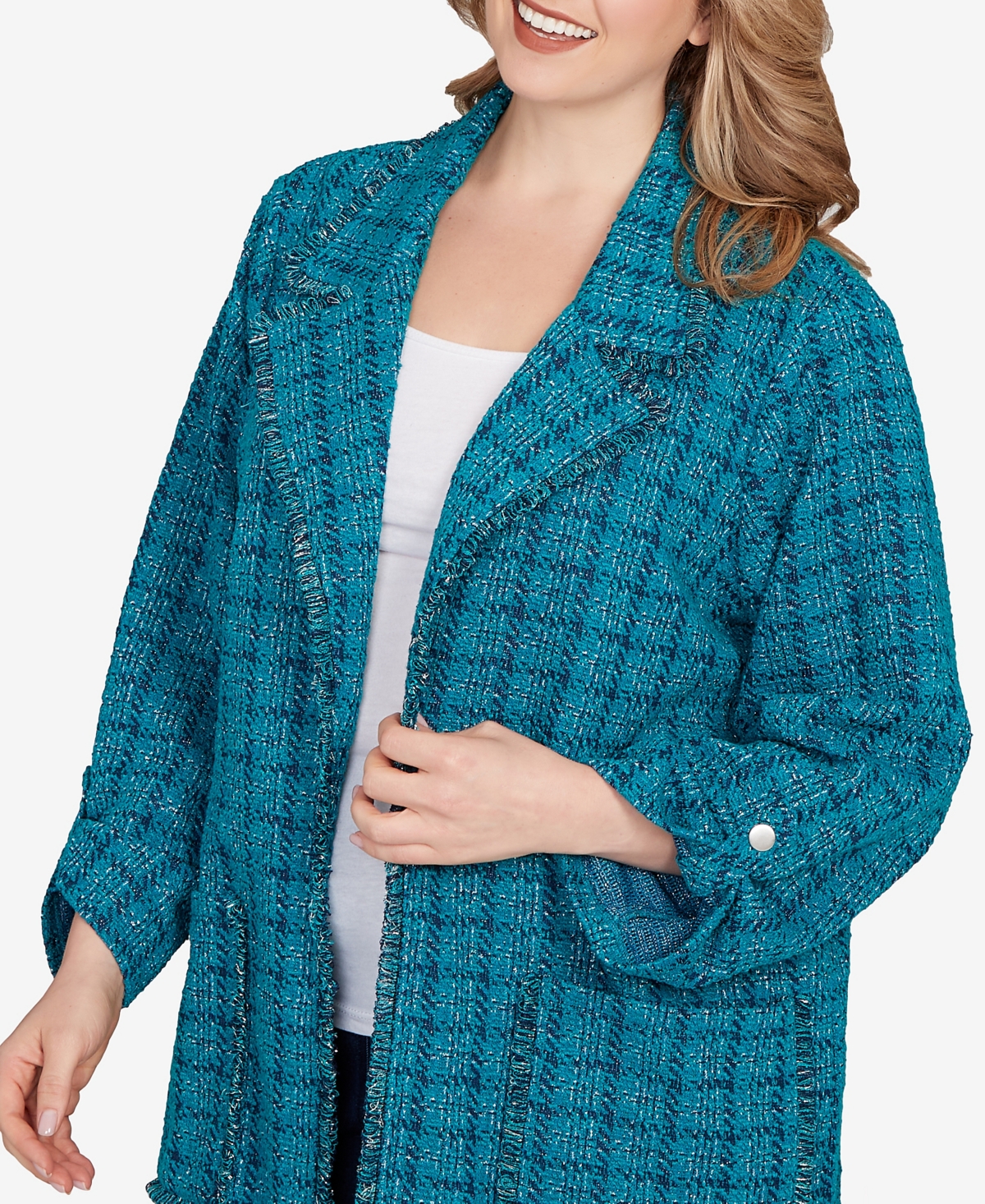 Ruby Rd. Plus Size Open Front Tweed Patch Pocket Jacket In Blue