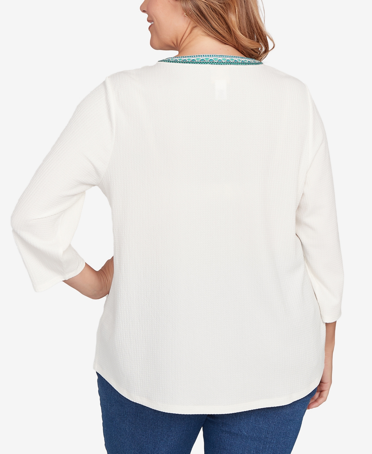 Ruby Rd. Plus Size Embellished Textured Split Neck Top In White