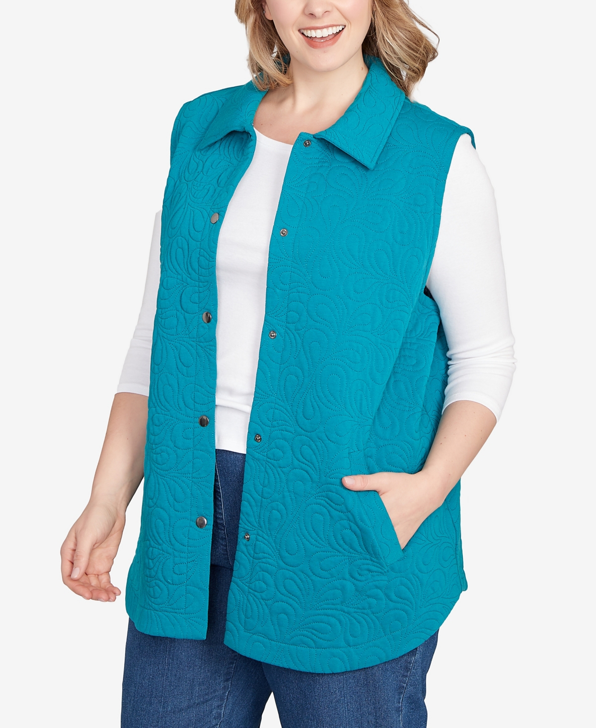 Ruby Rd. Plus Size Quilted Terry Inner Beauty Vest Jacket In Blue