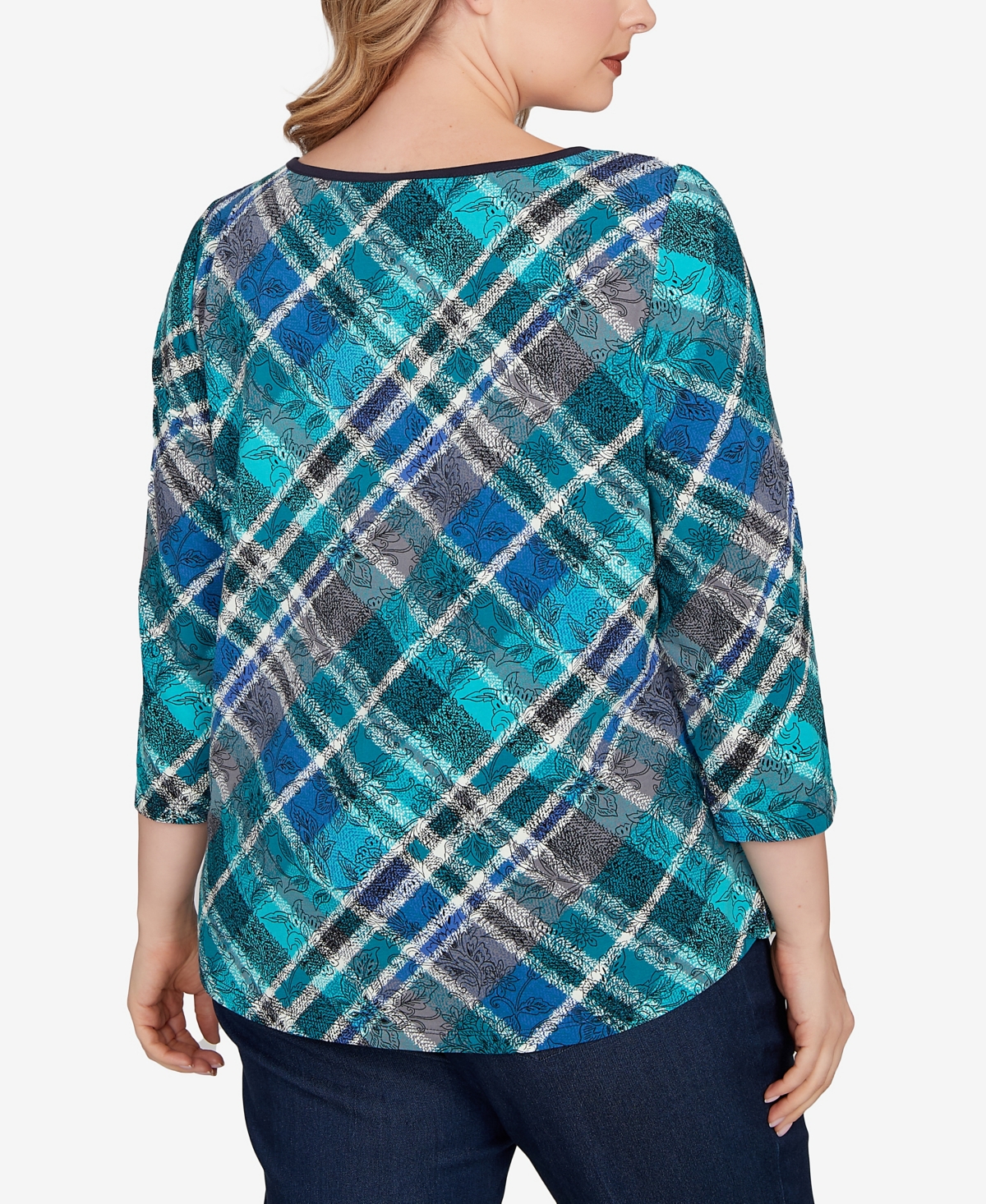 Ruby Rd. Plus Size Solid Tipped Plaid Knit Top In Blue