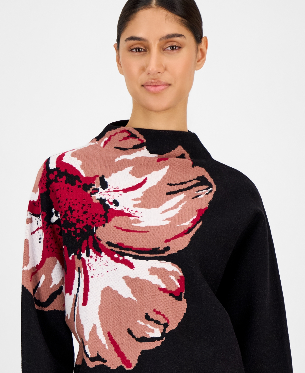 T Tahari Women's Floral Funnel-Neck Long-Sleeve Sweater