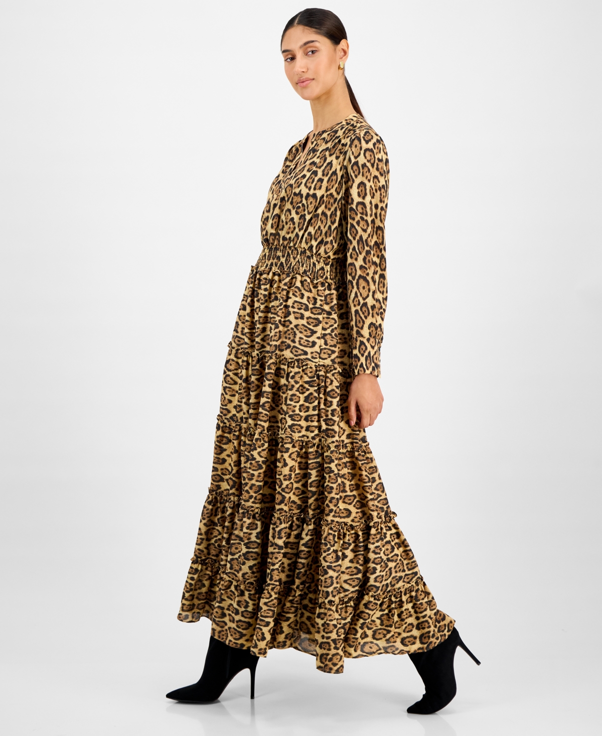 T Tahari Women's Animal-print Split-neck Maxi Dress In Animal Print