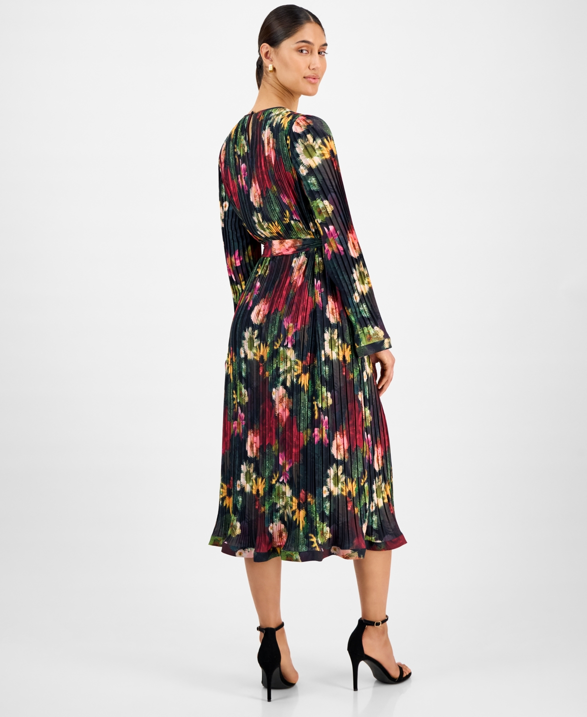 T Tahari Women's Floral-print Pleated Midi Dress In Brown