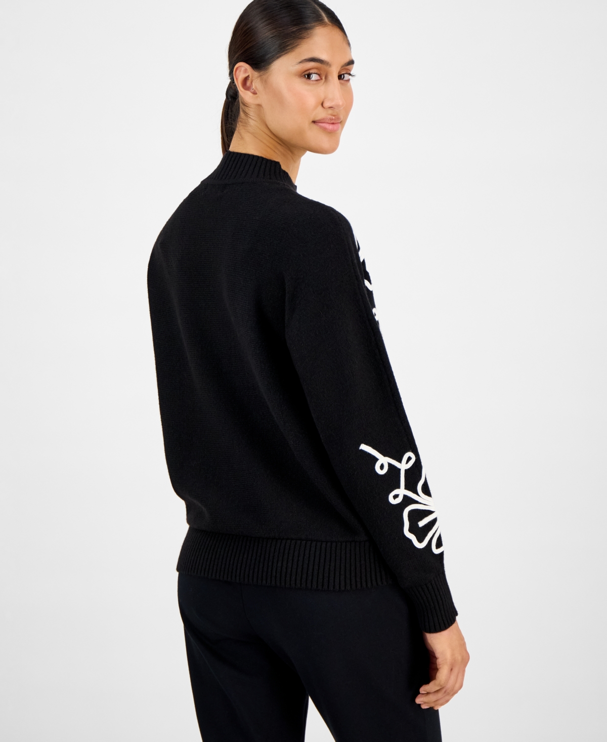 T Tahari Women's Mock Neck Floral Embroidered Sweater In Black