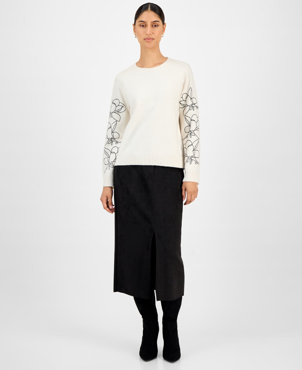 T Tahari Women's Embroidered-sleeve Crewneck Sweater In Neutral