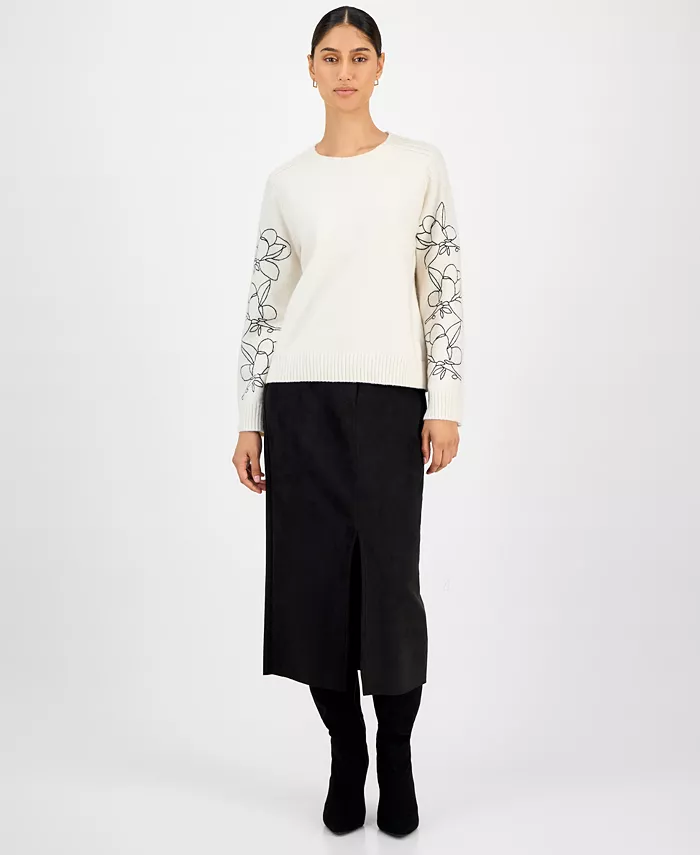 Women's Embroidered-Sleeve Crewneck Sweater - thumbnail 2