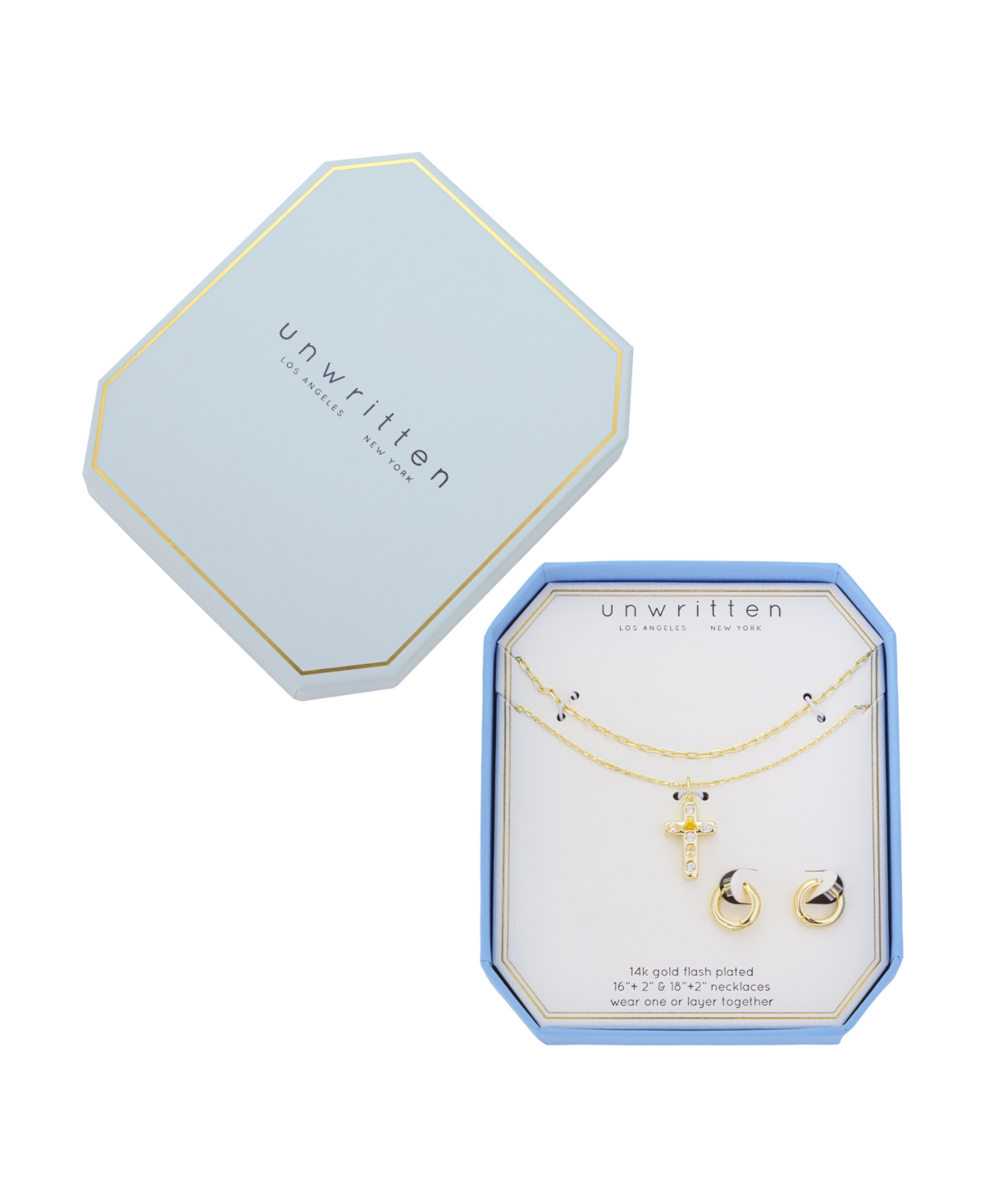 Unwritten Cubic Zirconia Cross Pendant Layered Necklace And Hoop Earring Set In Gold