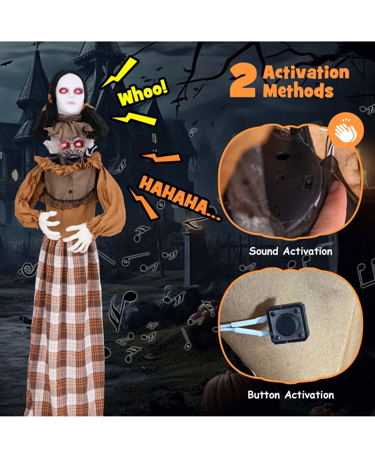 Halloween Animatronics with Red Light Up Eyes Motion & Sound Activated