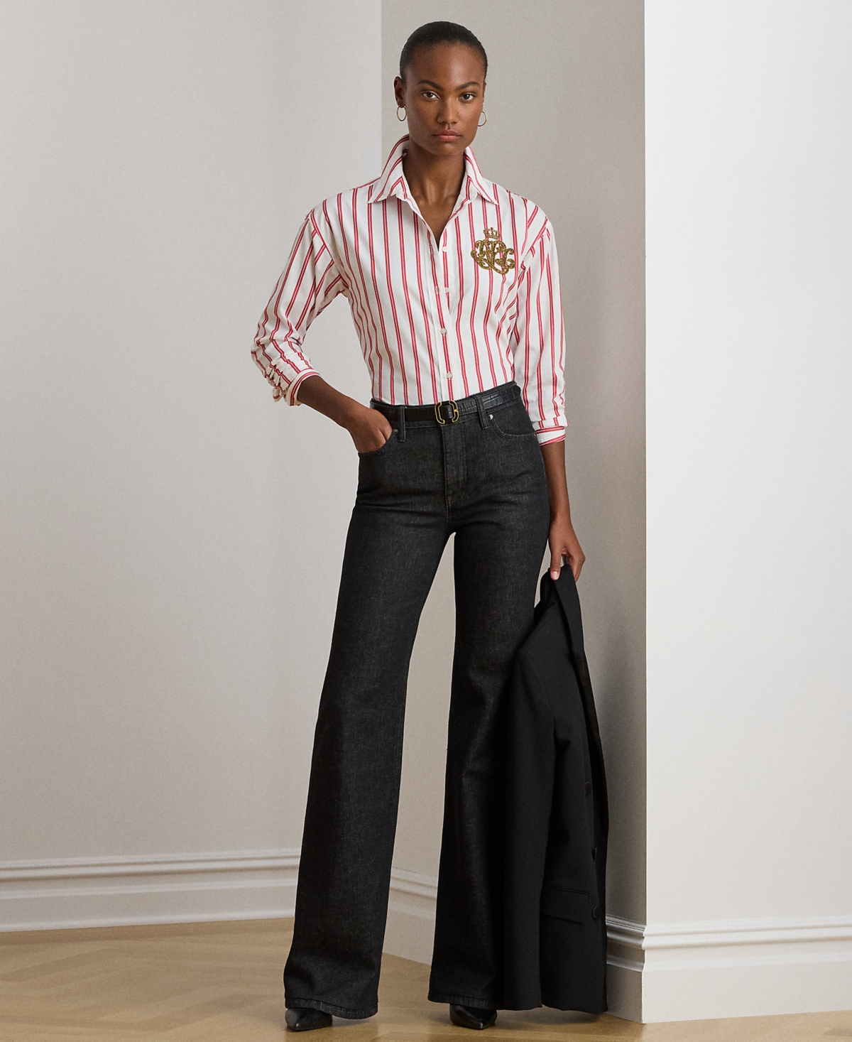 Ralph Lauren Petite Point Collar Striped Shirt In White