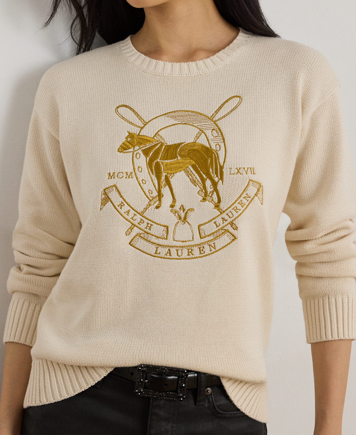 Ralph Lauren Petite Embroidered Crewneck Sweater In Neutral