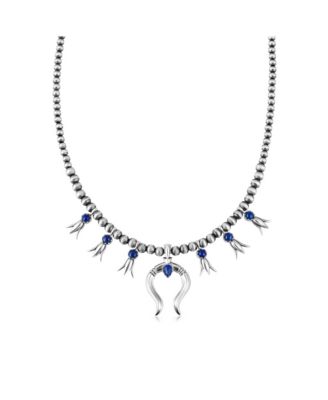 Sterling Silver Lapis Beaded Squash Blossom Necklace, 16 to 19 Inches