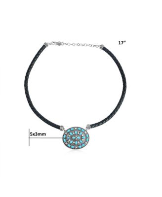 Sterling Silver Kingman Turquoise Oval Pendant Black Leather Necklace, 17 to 20 Inches