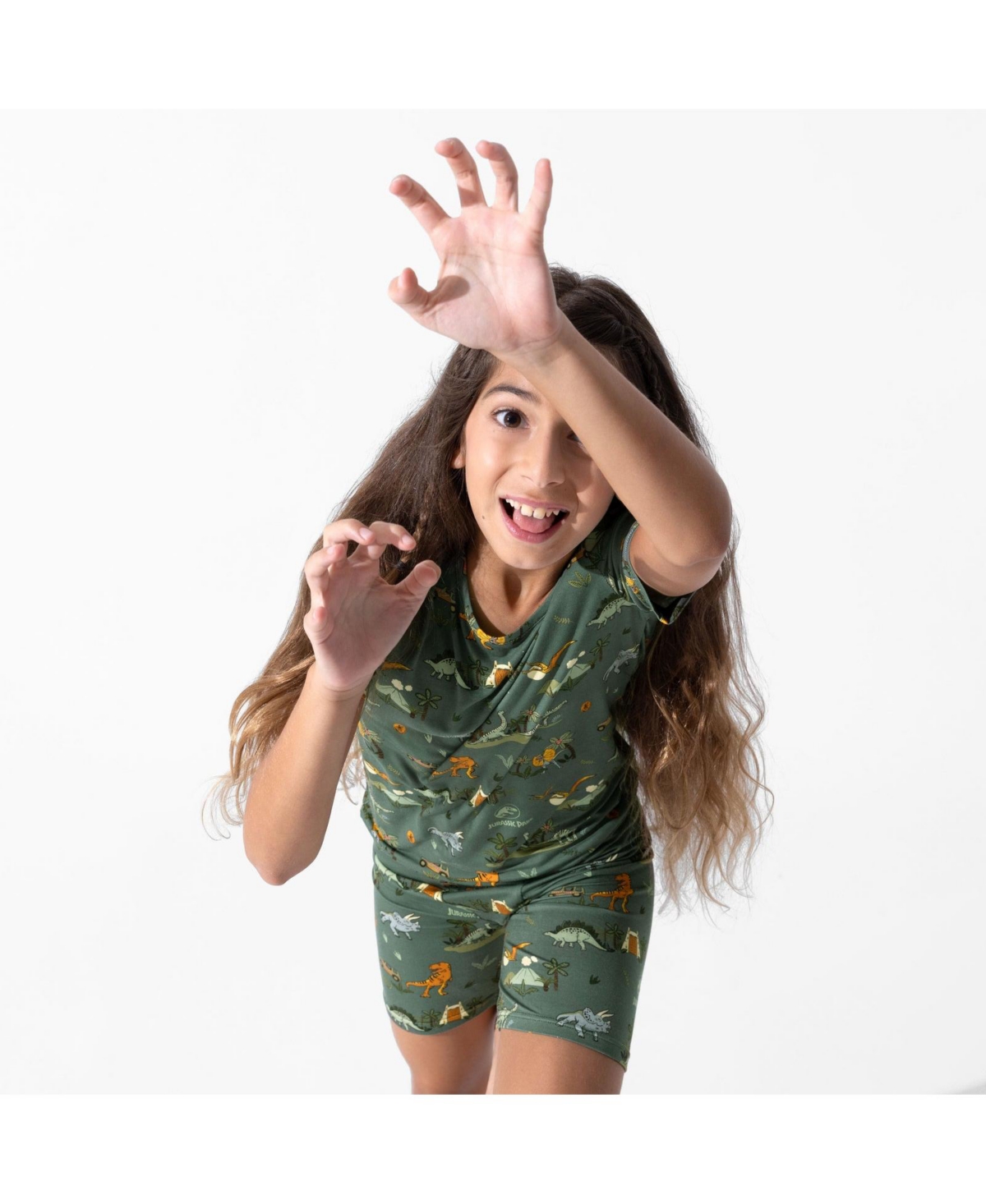 Bellabu Bear Unisex Jurassic Park: Tracker Kids 2-piece Short Sleeve & Shorts Pajama Set In Green