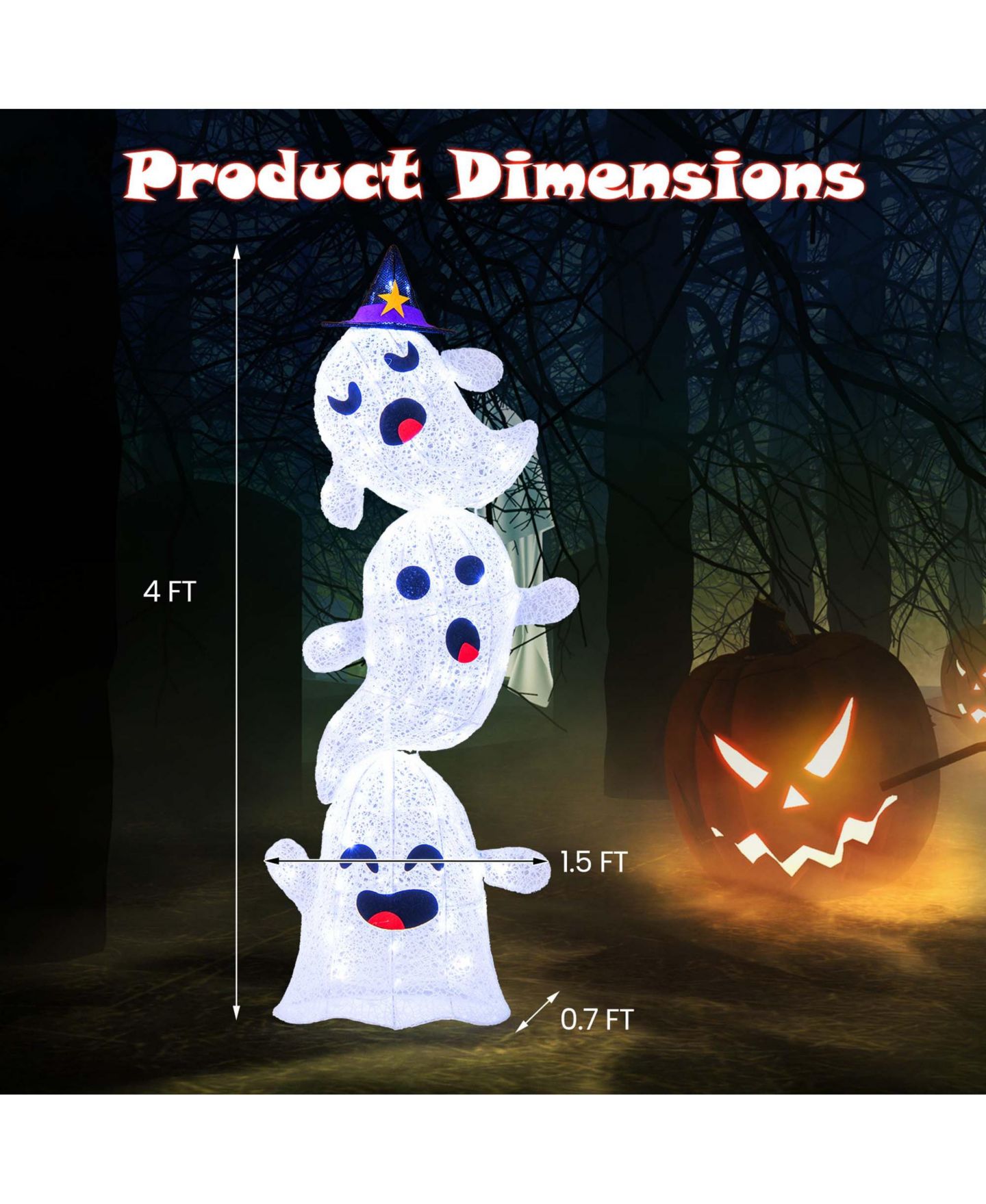 Детская игрушка Costway 4 FT Lighted Stacked Ghosts Standing Halloween Decoration with 120, цвет: Белый — фото 10