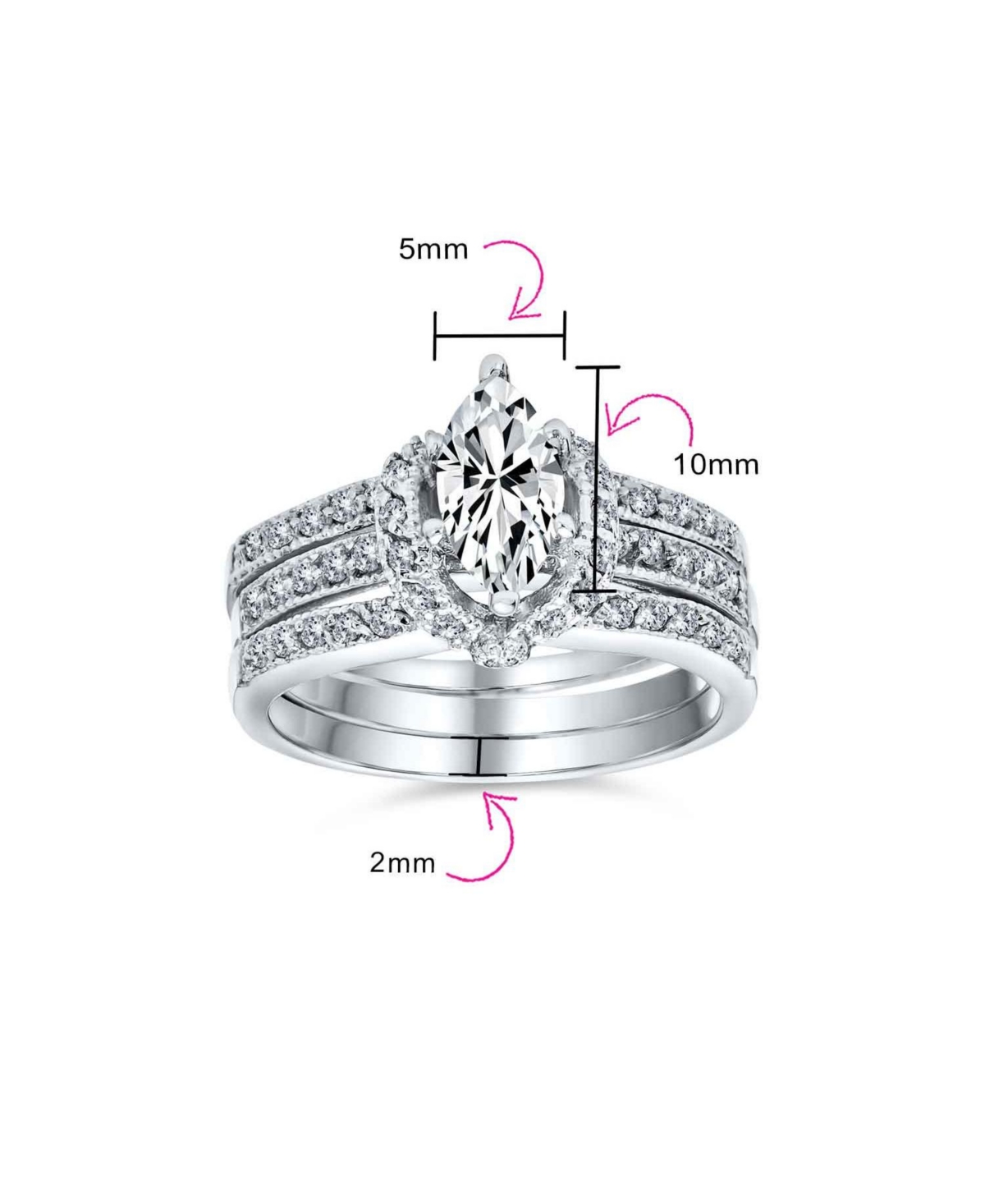 Bling Jewelry 2CT Solitaire Marquise Cubic Zirconia Halo Statement Promise Ring Set With Guard Inset Enhancer Band Sterling Silver