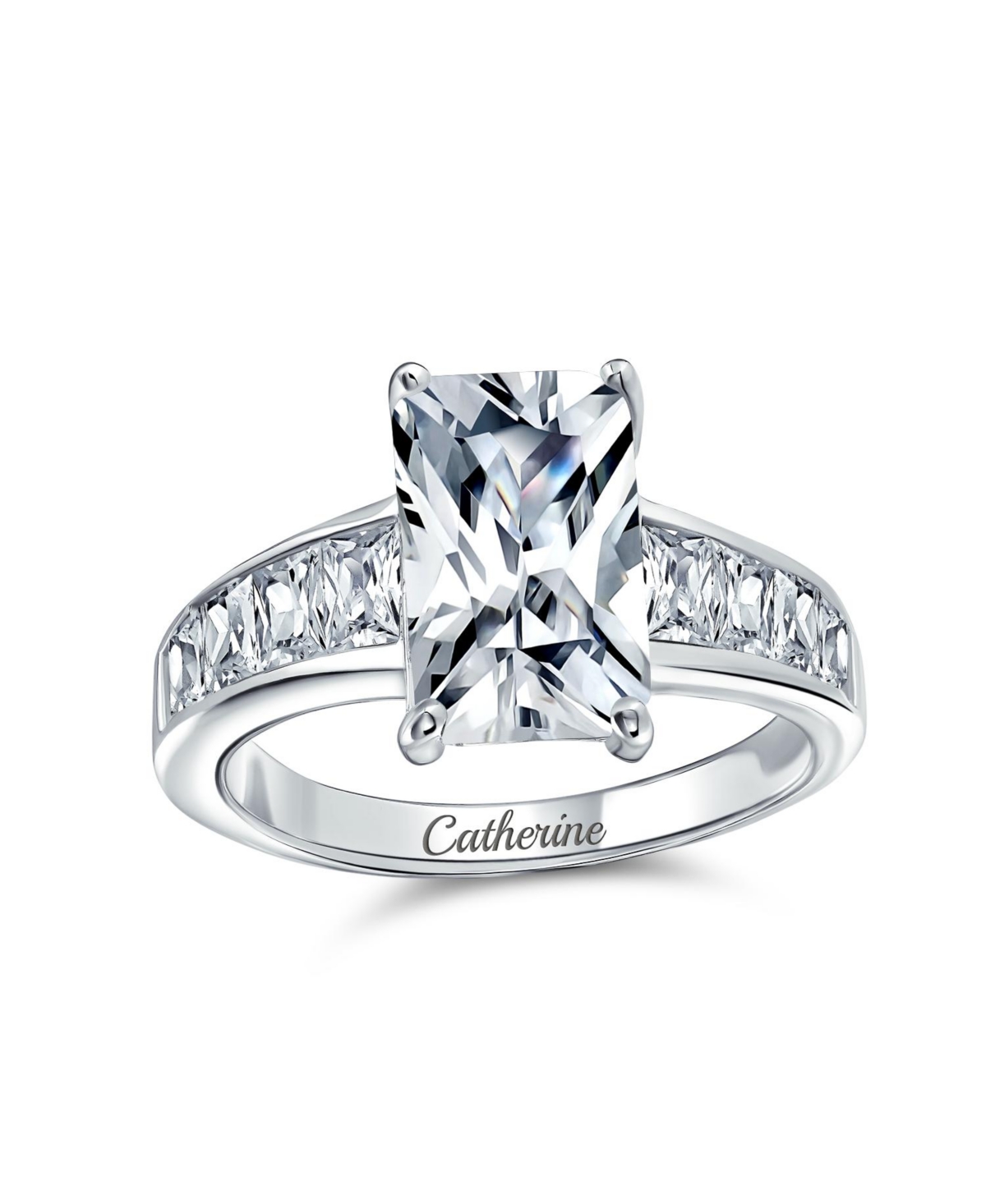 Bling Jewelry Classic Cubic Zirconia 4CT Rectangle Emerald Cut Solitaire Promise Ring Cz Side Baguette Band Sterling Silver