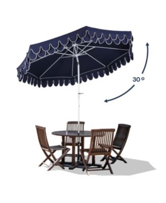 Tracy 9 ft. Classic MidCentury Scalloped Fringe Market Patio Umbrella with Auto-Tilt Crank, Wind Vent and UV Protection in Coral