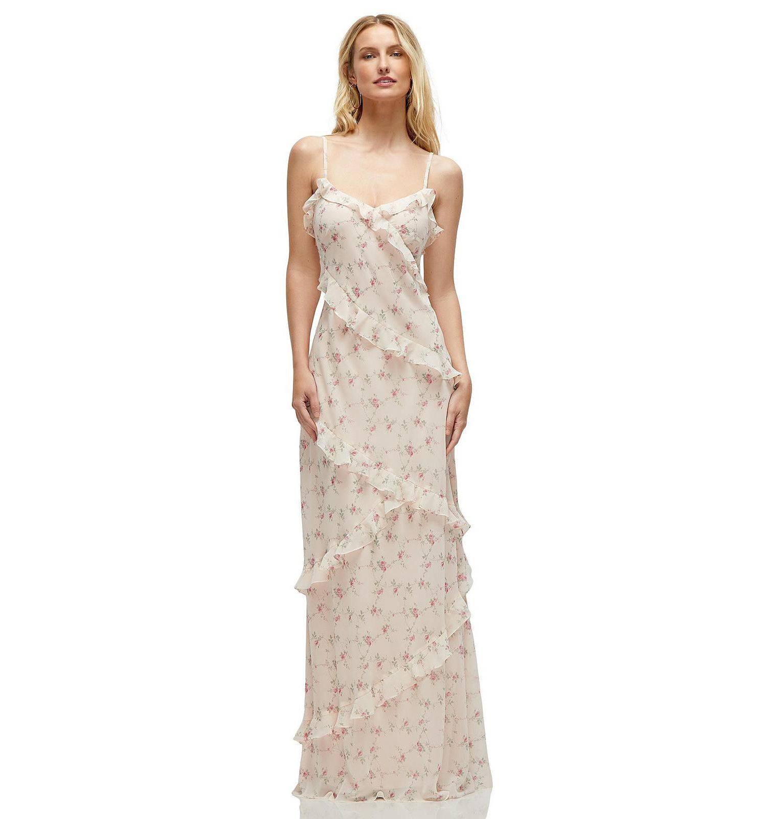 Women's Asymmetrical Ruffle Chiffon Bias Slip Maxi Dress