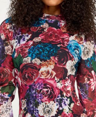 Juniors' Long Sleeve Printed Mesh Drop Waist Dress