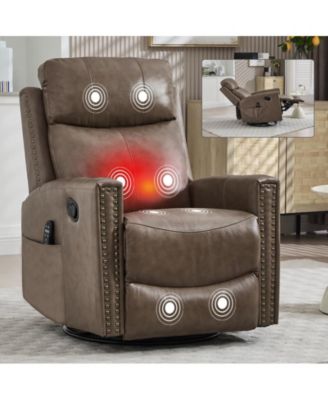 Genuine Leather Heat Massage Manual Recliner Chair with Rocker and Swivel