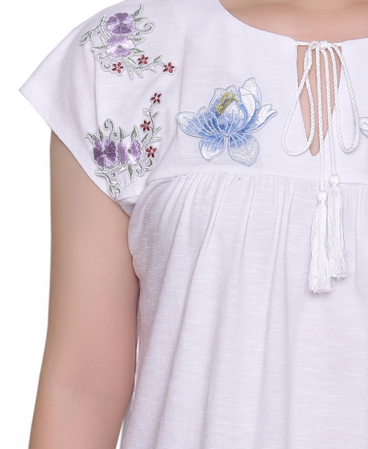Ny Collection Petite Embroidered Yoke Extended Sleeve Top In White