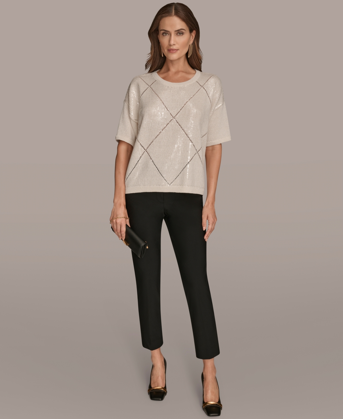 Donna Karan New York Short Sleeve Sequin Sweater In White