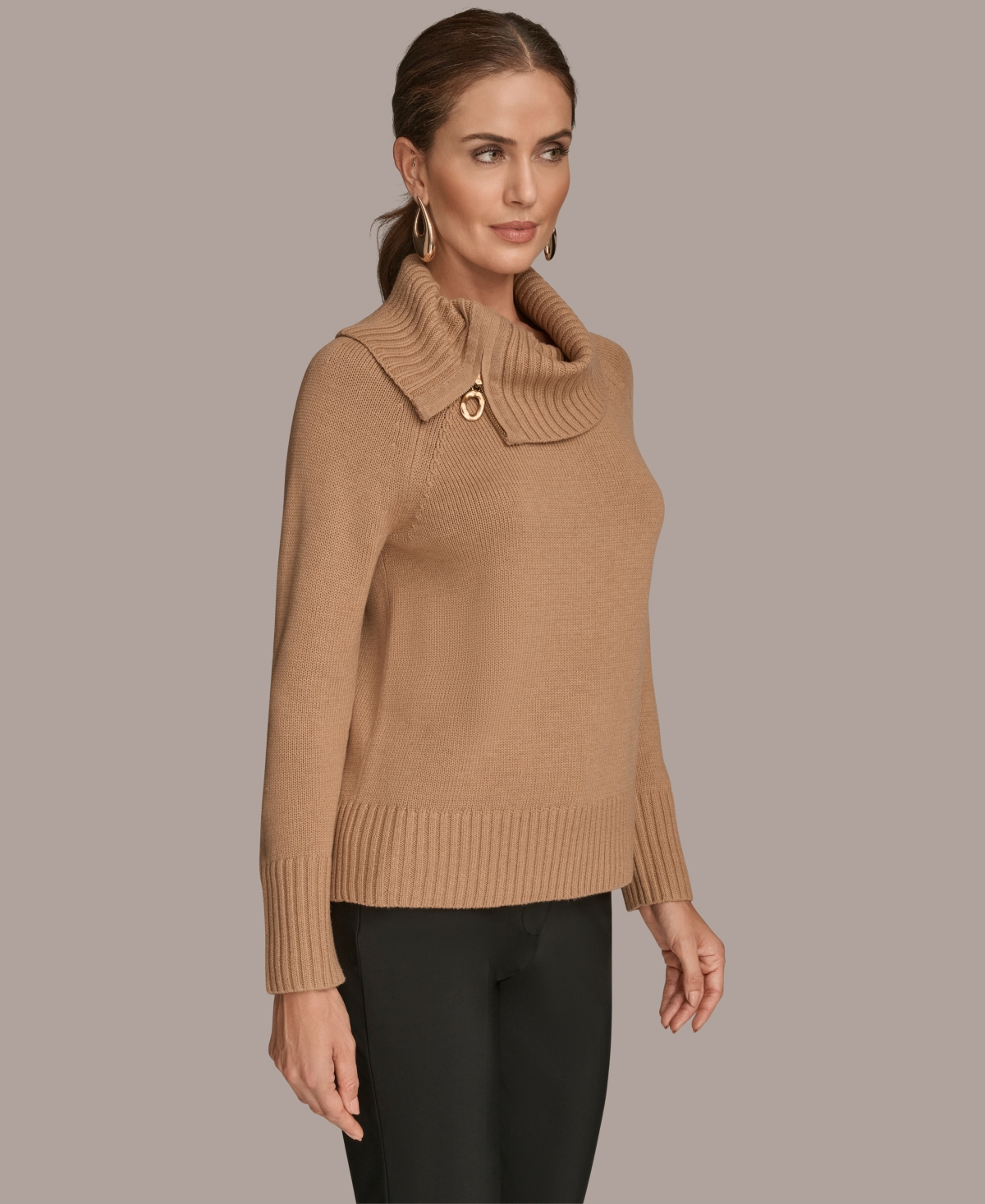 Donna Karan New York Asymmetric Zip Collar Sweater In Brown