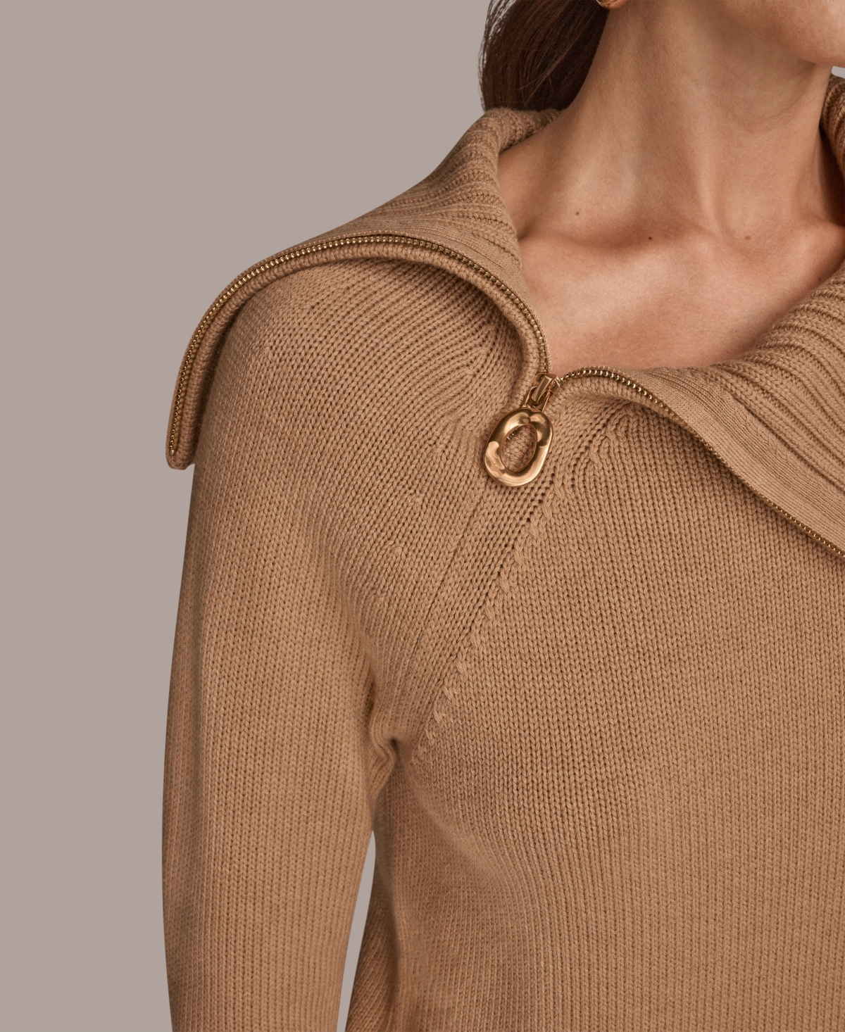 Donna Karan New York Asymmetric Zip Collar Sweater In Brown