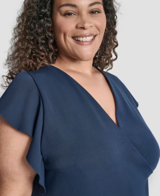 Plus Size V-Neck Ruffle Sleeve Midi Dress