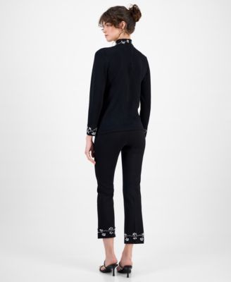 Anne Klein Womens Embellished Mock Neck Sweater Embellished Pull On Kick Flare Pants In Pink