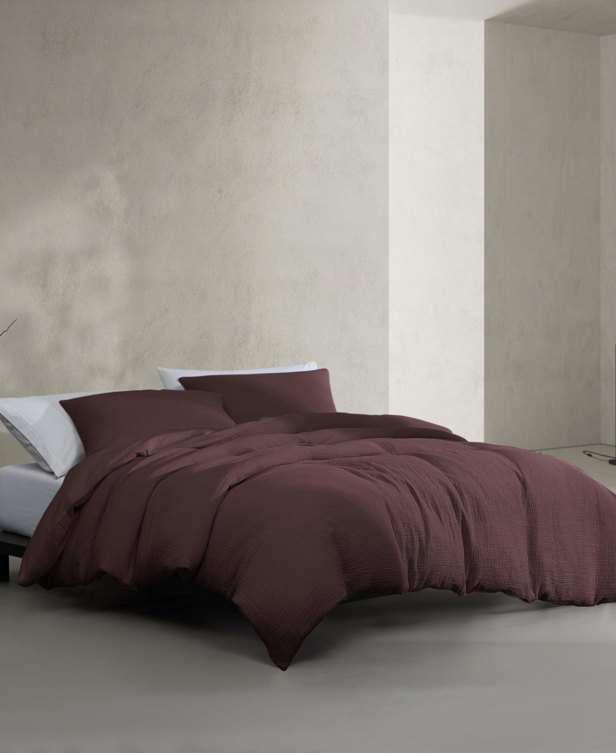 Calvin Klein Washed Texture Solid Cotton Jacquard 3 Piece Duvet Cover Set, Queen In Brown