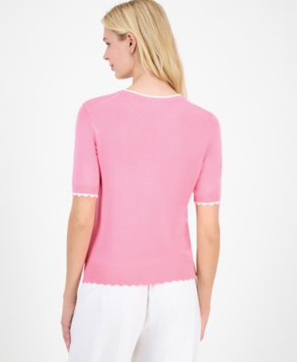 Women's Scallop-Trim Short Sleeve Crewneck Sweater