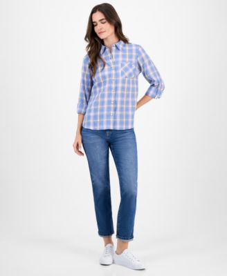 Women's Cotton Crinkle Plaid Roll-Tab Shirt