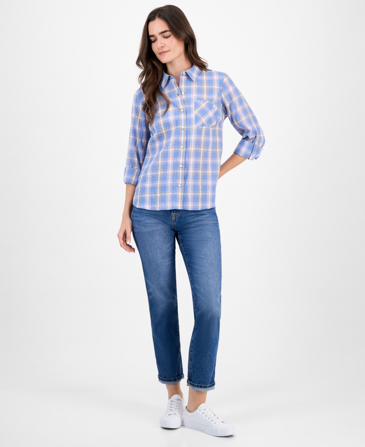 Nautica Jeans Women's Cotton Crinkle Plaid Roll-Tab Shirt