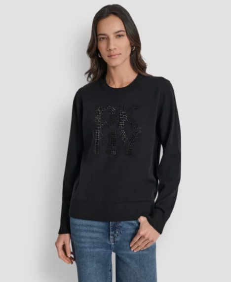 Petite Embellished Logo Crewneck Sweater - Black