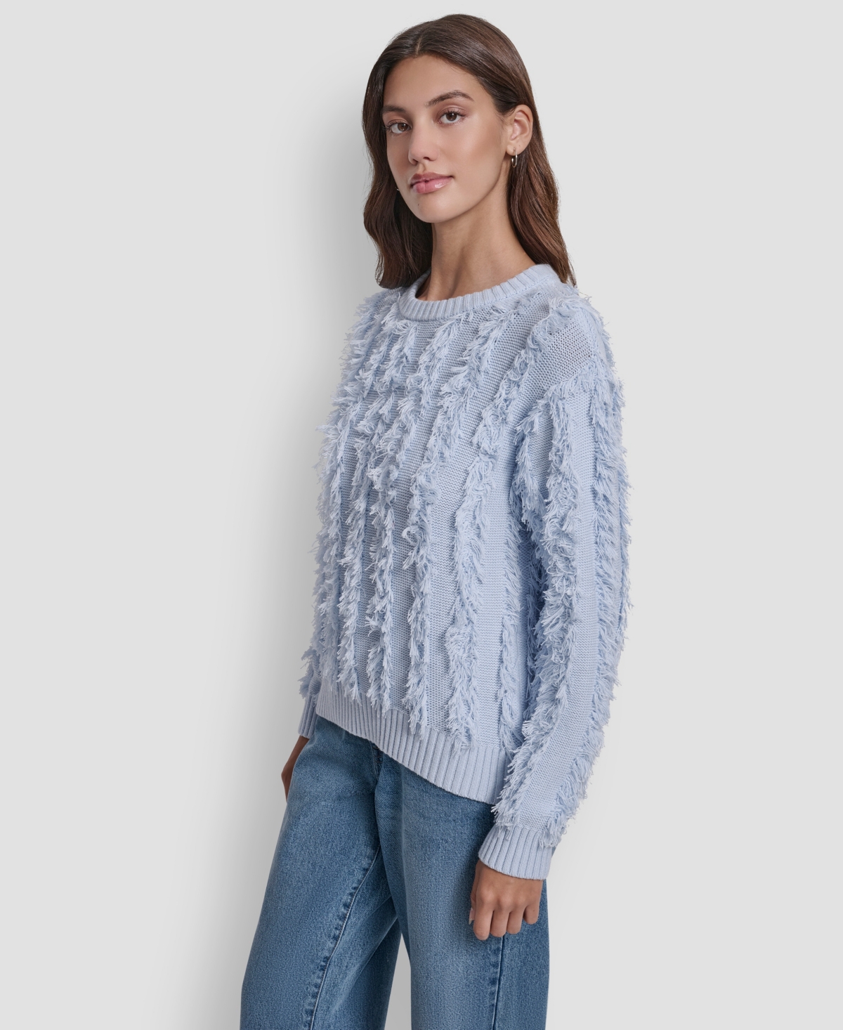 Dkny Jeans Petite Fringe Crewneck Sweater In Blue