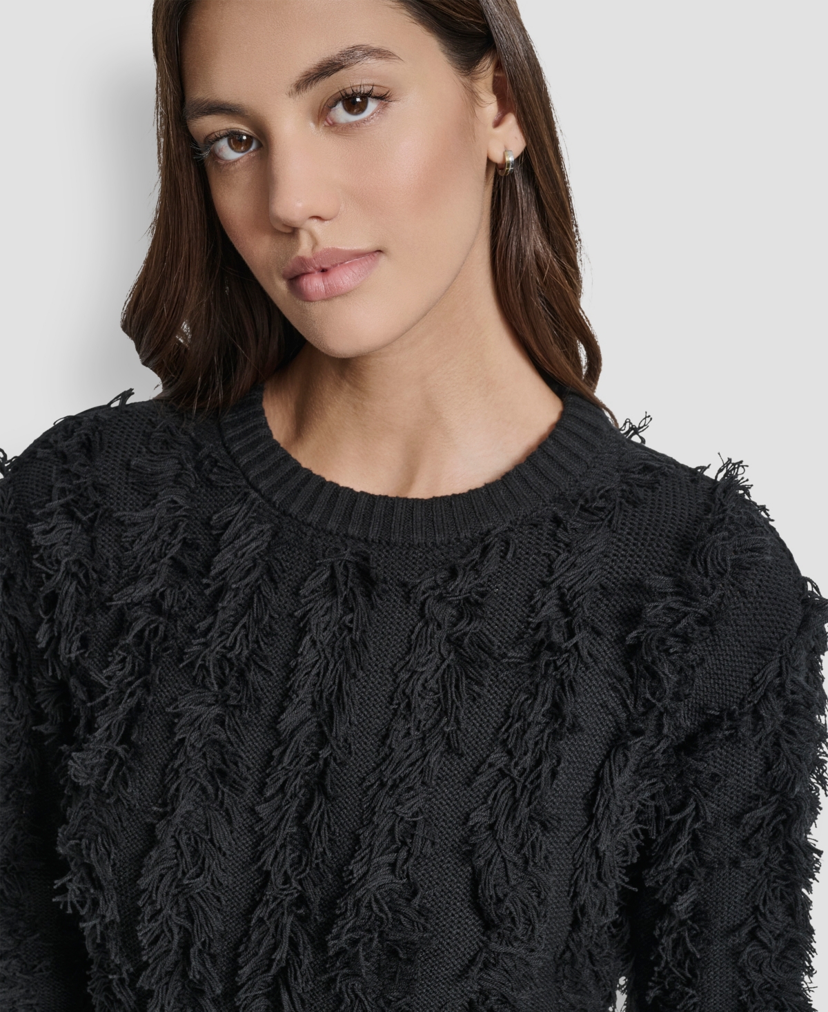 Dkny Jeans Petite Fringe Crewneck Sweater In Black