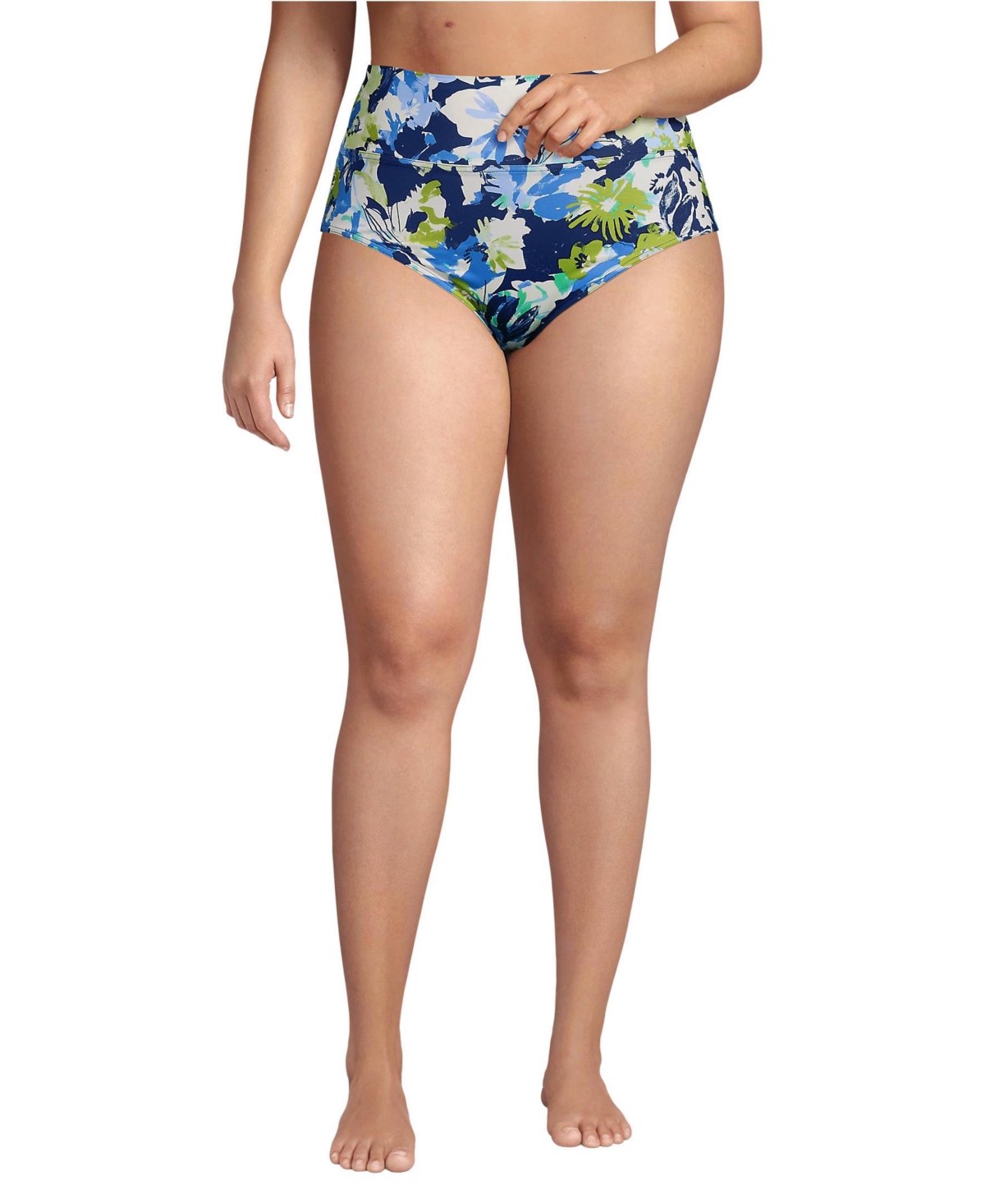 Lands' End Plus Size Pinchless High Waisted Bikini Bottoms - Deep sea navy multi floral
