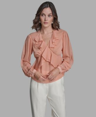 Women's Long Sleeve Ruffle V-Neck Blouse