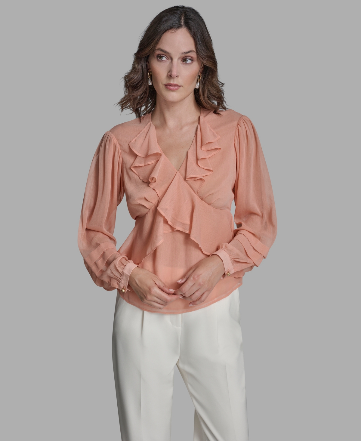 Bcbg Women's Long Sleeve Ruffle V-neck Blouse In Pink