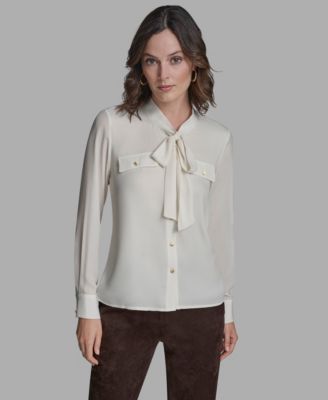 Women's Button Down Tie Neck Blouse